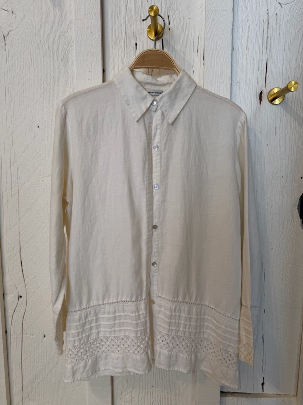 100% Cotton Lightweight Cream Button-Down Shirt with Pintuck & Lace Trim